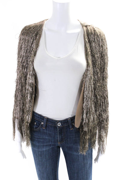 Rachel Zoe Womens 3/4 Sleeve Open Front Fringe Knit Jacket Brown Extra Small