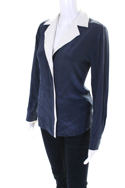 Frame Women's Collared Long Sleeves Silk Button Down Shirt Navy Blue Size XS