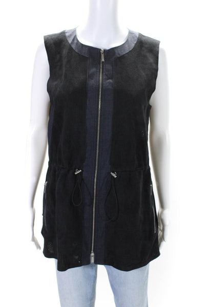 Lafayette 148 New York Womens Front Zip Perforated Suede Vest Jacket Navy Medium