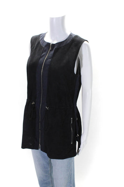 Lafayette 148 New York Womens Front Zip Perforated Suede Vest Jacket Navy Medium