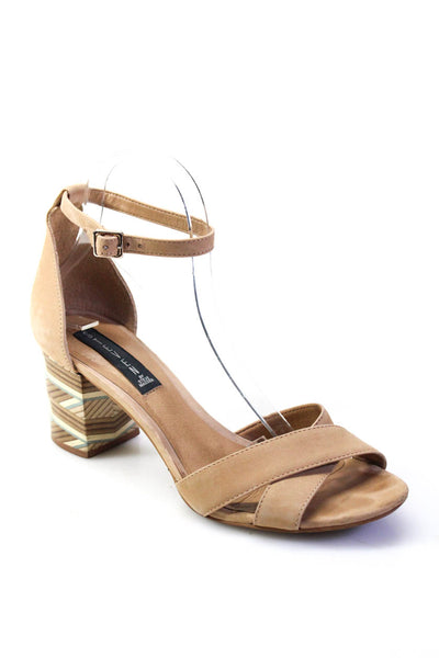 Steve Madden Womens Suede Strappy Block Heels Ankle Buckle Sandals Beige Size 9.