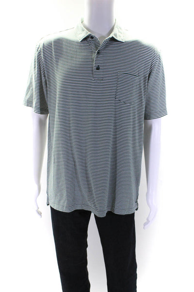 Peter Millar Mens Cotton Stripe Button Collar Short Sleeve Polo Top Green Size L