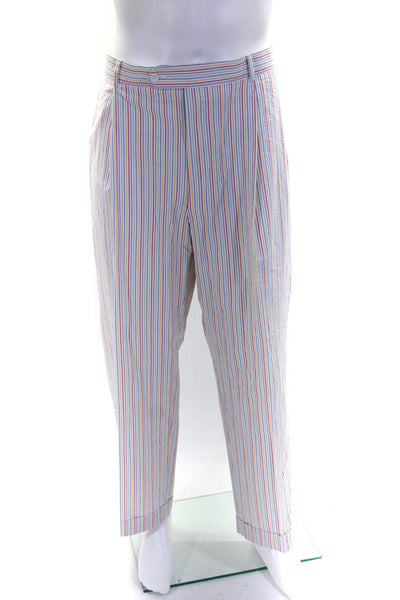 Paul Fredrick Mens Zipper Fly Pleated Cuffed Striped Pants White Multi Size 39