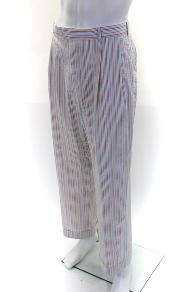 Paul Fredrick Mens Zipper Fly Pleated Cuffed Striped Pants White Multi Size 39