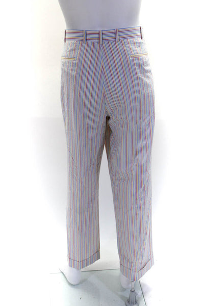 Paul Fredrick Mens Zipper Fly Pleated Cuffed Striped Pants White Multi Size 39