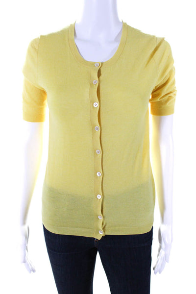 Theory Womens Button Front Short Sleeve Cashmere Cardigan Sweater Yellow Small