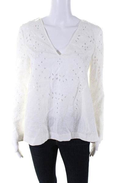 Theory Womens Long Sleeve V Neck Eyelet Boxy Linen Top White Size Small