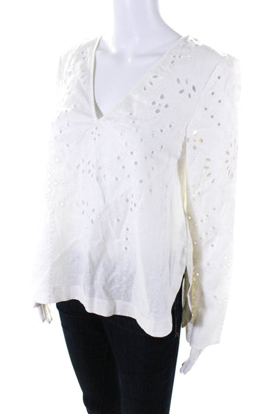 Theory Womens Long Sleeve V Neck Eyelet Boxy Linen Top White Size Small