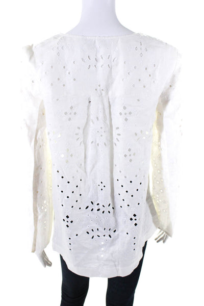 Theory Womens Long Sleeve V Neck Eyelet Boxy Linen Top White Size Small