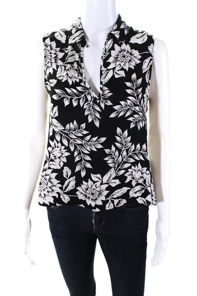 Theory Womens Sleeveless Keyhole Collared Silk Floral Top Black White Size Small