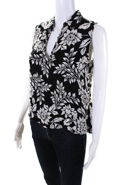 Theory Womens Sleeveless Keyhole Collared Silk Floral Top Black White Size Small