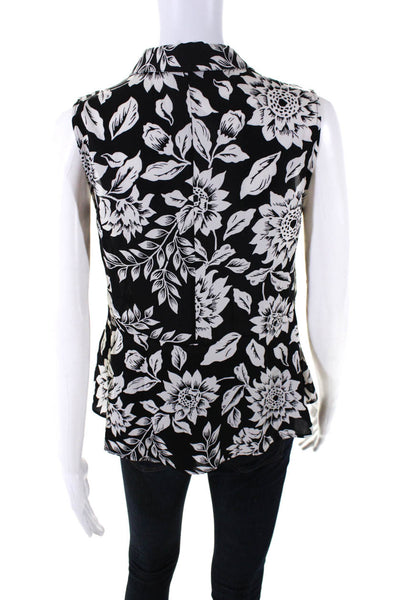 Theory Womens Sleeveless Keyhole Collared Silk Floral Top Black White Size Small