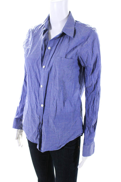 Theory Womens Button Front Long Sleeve Collared Shirt Blue Cotton Size Petite