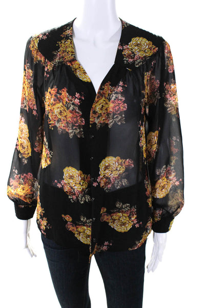 Bellatrix Womens Button Front V Neck Sheer Floral Blouse Black Multi Size XSP