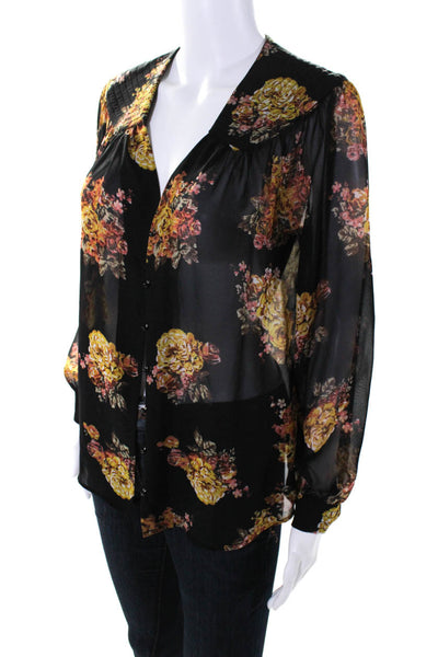 Bellatrix Womens Button Front V Neck Sheer Floral Blouse Black Multi Size XSP