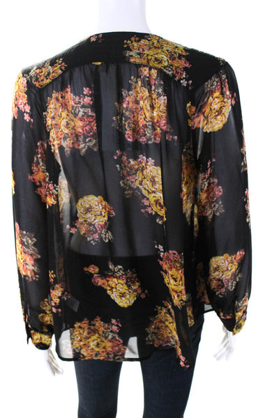 Bellatrix Womens Button Front V Neck Sheer Floral Blouse Black Multi Size XSP