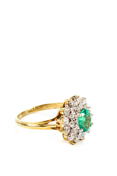 Designer Womens 18K Yellow Gold Colombian Emerald Diamond Double Halo Ring