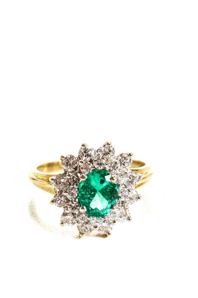 Designer Womens 18K Yellow Gold Colombian Emerald Diamond Double Halo Ring