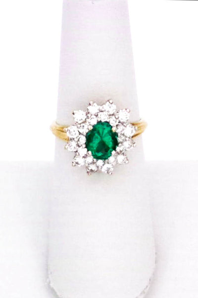 Designer Womens 18K Yellow Gold Colombian Emerald Diamond Double Halo Ring