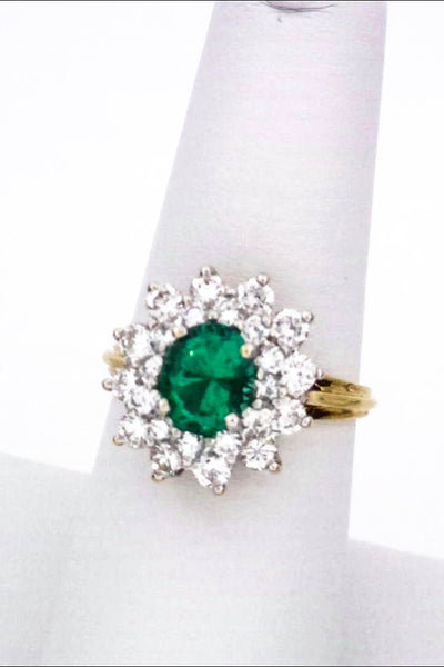 Designer Womens 18K Yellow Gold Colombian Emerald Diamond Double Halo Ring