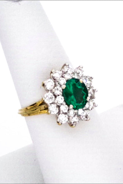 Designer Womens 18K Yellow Gold Colombian Emerald Diamond Double Halo Ring