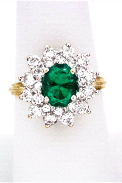 Designer Womens 18K Yellow Gold Colombian Emerald Diamond Double Halo Ring