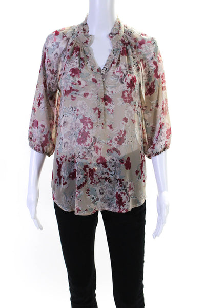 Bellatrix Womens 3/4 Sleeve V Neck Floral Sheer Top Brown Red Size Extra Small