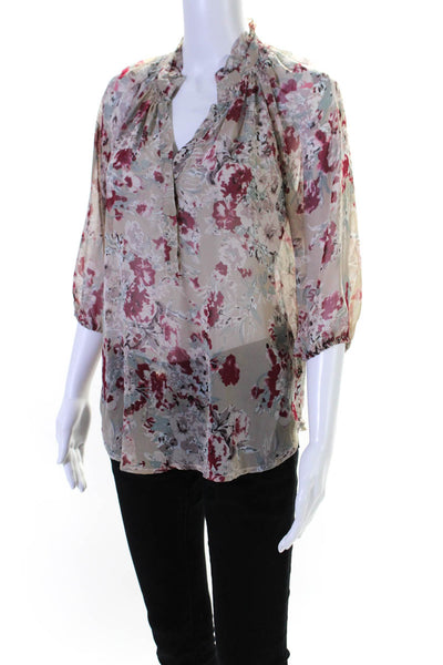 Bellatrix Womens 3/4 Sleeve V Neck Floral Sheer Top Brown Red Size Extra Small