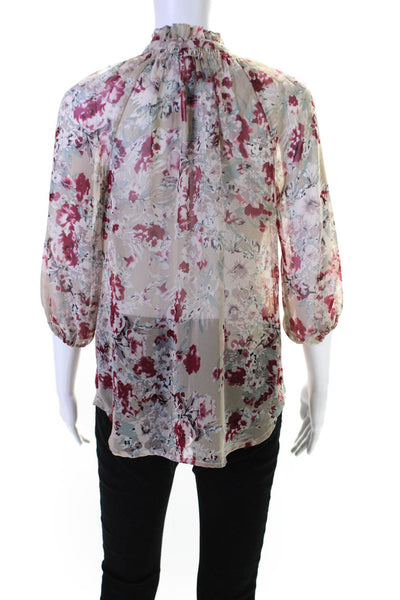 Bellatrix Womens 3/4 Sleeve V Neck Floral Sheer Top Brown Red Size Extra Small