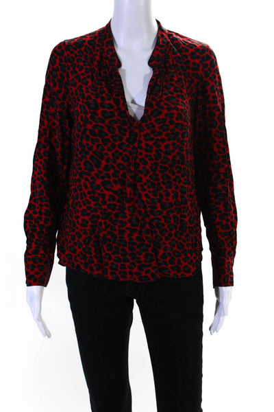 Zadig & Voltaire Womens Long Sleeve V Neck Leopard Print Shirt Red Size XS