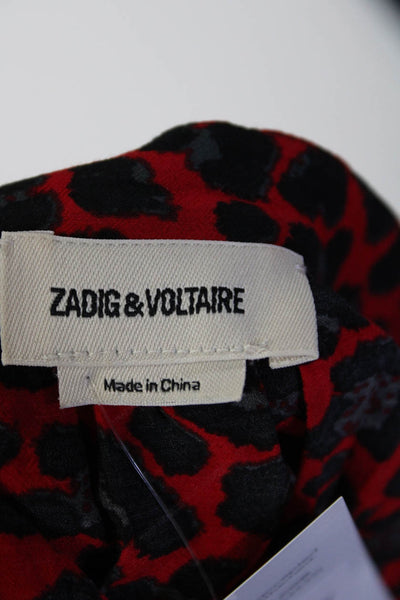 Zadig & Voltaire Womens Long Sleeve V Neck Leopard Print Shirt Red Size XS