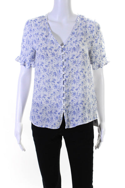 CeCe Womens Button Front Short Sleeve Floral Shirt Top White Blue Size XS