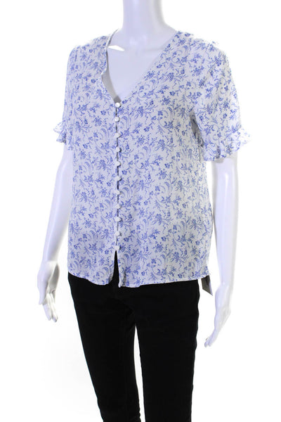 CeCe Womens Button Front Short Sleeve Floral Shirt Top White Blue Size XS