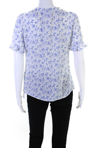 CeCe Womens Button Front Short Sleeve Floral Shirt Top White Blue Size XS