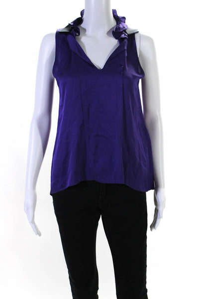 Elie Tahari Womens Sleeveless V Neck Silk High Low Blouse Purple Black Size XS