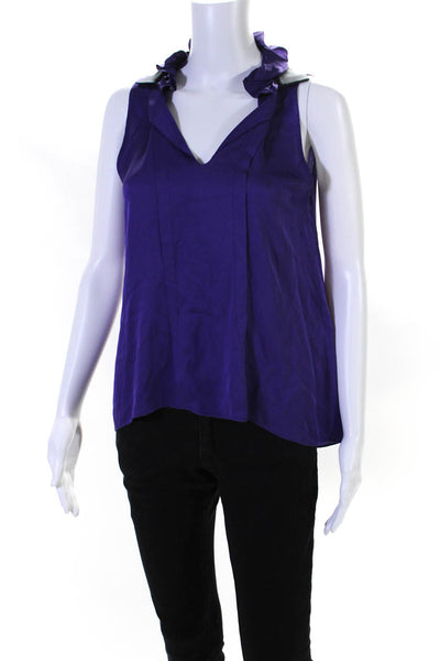 Elie Tahari Womens Sleeveless V Neck Silk High Low Blouse Purple Black Size XS