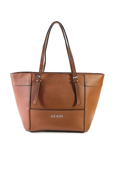 GUESS Womens Leather Silver Tone Zipper Tote Shoulder Handbag Chestnut Brown