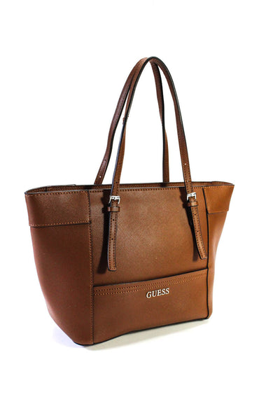 GUESS Womens Leather Silver Tone Zipper Tote Shoulder Handbag Chestnut Brown