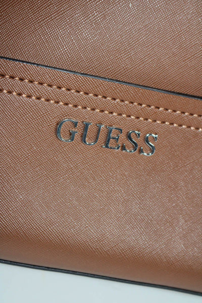 GUESS Womens Leather Silver Tone Zipper Tote Shoulder Handbag Chestnut Brown