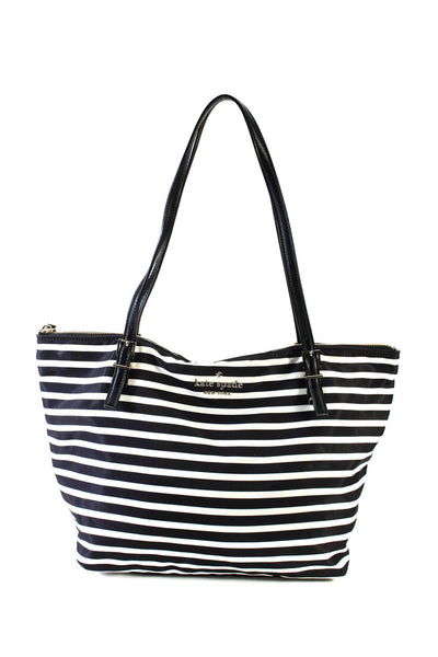 Kate Spade New York Womens Striped Zipper Closure Tote Shoulder Handbag Black Wh