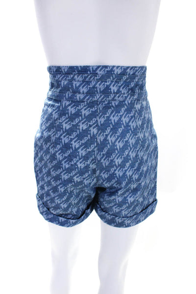 Fendi Womens Blue Cotton Graphic Print High Rise Zip Pockets Mini Shorts Size 36