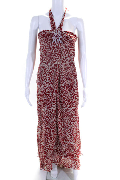 BCBGMAXAZRIA Womens Silk Spotted Print Embellished Halter Neck Gown Red Size 6