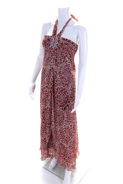 BCBGMAXAZRIA Womens Silk Spotted Print Embellished Halter Neck Gown Red Size 6