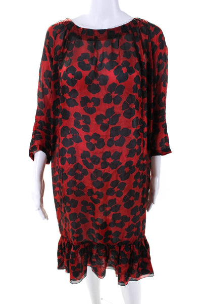 Dries Van Noten Womens Floral Printed Crew Neck Midi A-Line Dress Red Size 42