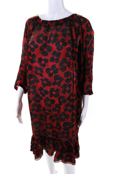 Dries Van Noten Womens Floral Printed Crew Neck Midi A-Line Dress Red Size 42