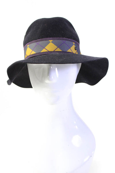 Maison Michel Womens Argyle Grosgrain Wool Felt Fedora Hat Black Size Small