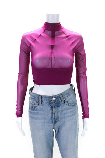 Fleur du Mal Womens Round Neck Long Sleeves Sheer Cropped Blouse Magenta Size XS