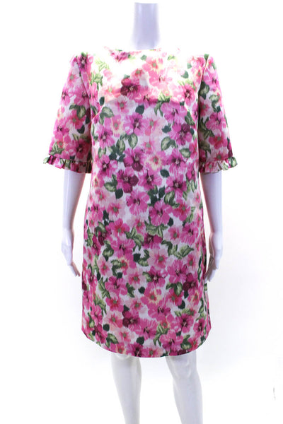 Edit Womens Satin Floral Ruffled Short Sleeve Crew Neck Shift Dress Pink Size M