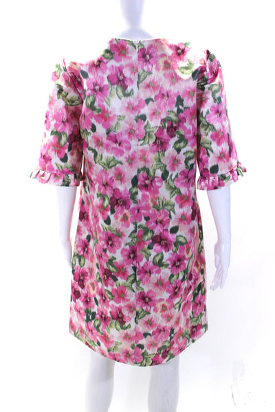 Edit Womens Satin Floral Ruffled Short Sleeve Crew Neck Shift Dress Pink Size M