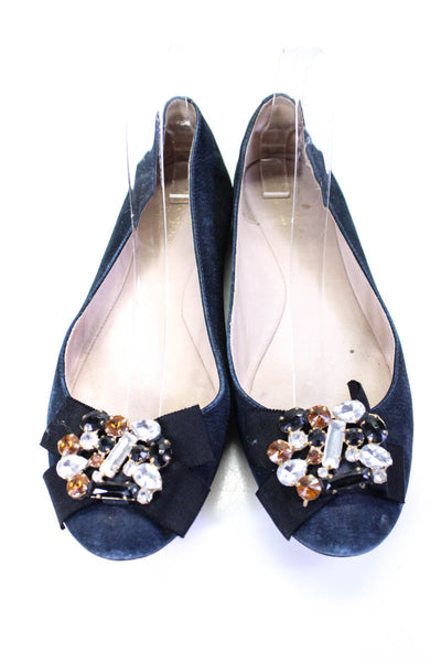 Kate Spade Womens Suede Jeweled Textured Bow Tied Slip-On Flats Navy Size 9